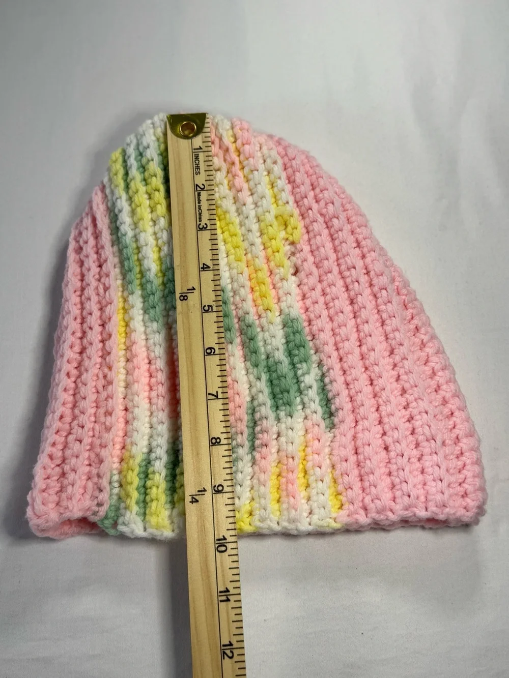 Handmade Lot of 2 Crocheted Pastel Beanie Hats Pink Green Yellow White
